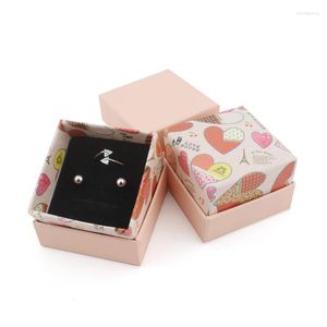 Confezione regalo DoreenBeads Simpatico cuore rosa Scatola di carta Orecchini Anello Set di gioielli Scatole per esposizione Imballaggio Commercio all'ingrosso 5x5x3 cm 1 pezzo