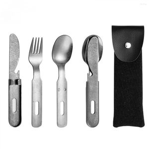 Set di stoviglie Set da 3 pezzi Stoviglie vintage in acciaio inossidabile da viaggio all'aperto Campeggio multifunzionale coltello forchetta e cucchiaio Forniture da cucina