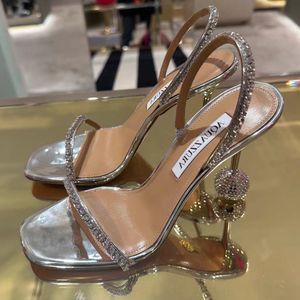 Aquazzura sandals Women's Yes Darling crystal encrusted Stiletto Heel Sandal 95mm Silver mirror Rhinestone crystal ball Mules Evening shoes Luxury Designer shoes