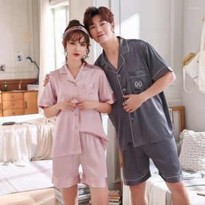 Men's Sleepwear FZSLCYIYI Summer Fashion Matching Couple Pajama Sets Imitated Silk Fabric Pyjama Suit Nightwear Lovers' Lingerie Tops Shorts