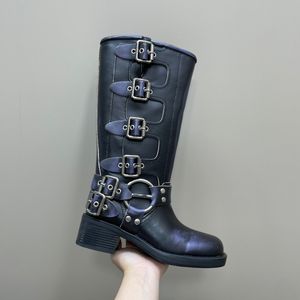 2023 Black Pure Leather Long Rain Boots Women High Cheels Boots Autumn and Winter Sway Sway Inner Side Slush Side Simple Toe British Mid-Mid-Cheele Size 35-40