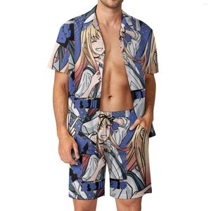 Erkeklerin izleri Marin Kitagawa Erkekler Gözler Setleri Estetik Anime Günlük Gömlek Seti Vintage Beachwear Şort Yaz Özel Takım İki Parçalı