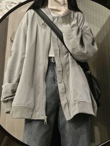ディープタウンヴィンテージグレーボンバージャケット女性韓国スタイル特大のジップアップカーゴジャケット日本のストリートウェアkpopグランジコート女性