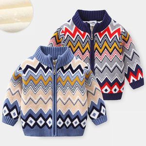 Jackets 2023 Winter Warm 2 12 Years Children Outwear Coats Geometric Thickening Plus Velet Turtleneck Sweater Jacket For Kids Baby Boys 230906