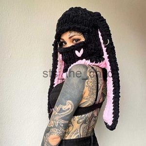 Beanie/Skull Caps Women Lovely Long Rabbit Ear Beanie Hat Gothic Punk Women Winter Thicken Warm Windproof Knitted Caps Chic Streetwear x0907