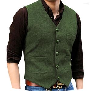 Men's Vests Herringbone Men Vest Green Tweed Suit Business Daily Casual Waistcoat Jacket Wedding Groom Work Clothing