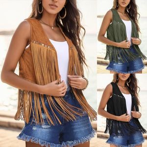 Kvinnors västar Manteau Femme Hiver Kvinnor fransar Vest Faux Suede Open Front Vintage Boho Western Jacket ärmlös 70 -tal hippie kläder l5