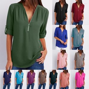 Active Shirts S-5XL Ladies Loose Chiffon Shirt Multi Colors V-Neck Zipper Long-Sleeved Casual Basic White Black Blouse Tops Plus Size