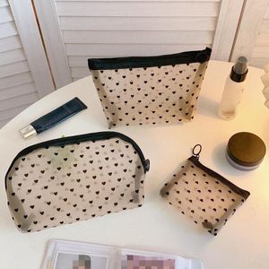 Cosmetic Bags Mesh Makeup Cute Heart Printed Transparent Zipper Pencil Pen Pouch