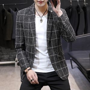 メンズスーツ高品質のファッションビジネス韓国カジュアルコンフォートパーティーワークウェアスリムドレスジャケットブリティッシュスタイルの格子縞のブレザー