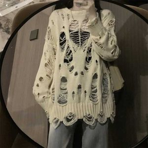 Deeptown Grunge Y2k Hollow Out Sticked tröja Kvinnor Harajuku Streetwear Hole Jumper Female Hippie Oversize Long Sleeve Top