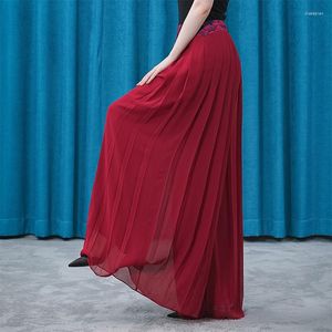 Kadın Pantolon Partisi Kırmızı İpek Jacquard Pantskirt Katlanır Çift Katmanlı Georgette Sıradan Geniş-Tehlike Süpürme Boho Elegant Culottes Ke378