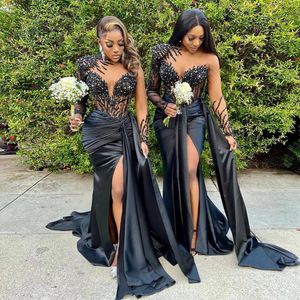 Charming Mermaid Beaded Bridesmaid Dresses With Long Sleeves Side Split Wedding Guest Dress Sequined Satin Country Maid Of Honor Gowns