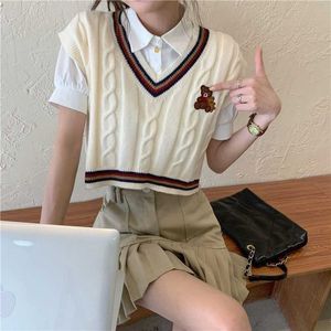 Deeptown Kawaii Netter Bär Beige Pullover Weste Frauen Koreanische Adrette V-ausschnitt Blau Jumper Harajuku Süße Crop Tops Schule Girly