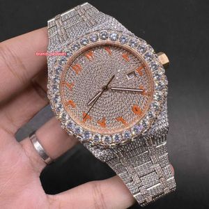 De senaste mäns Iced Diamond Watch Orange Arabiska siffror 2tone Rose Gold Case Watch 8215 Automatisk rörelse Titta glänsande Good The King of Nightcubs