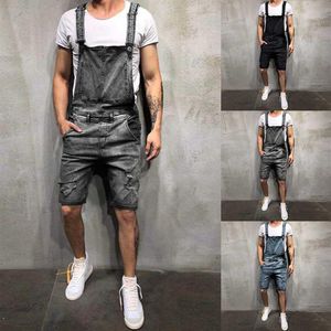 Oversize homens jeans rasgados macacões calças curtas verão estilo rua angustiado denim babador macacão suspender calças curtas2382