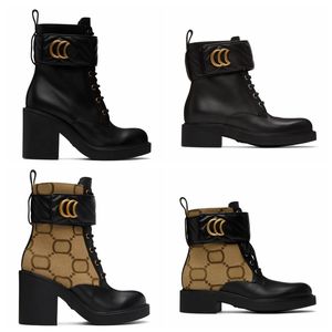 Botas femininas de couro preto com alça embelezada Botas de tornozelo 60 Marmont Ankle Bootie Canvas Lace-Up Booties