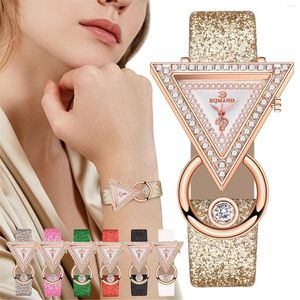 Armbanduhren Mode Damen Stahlband Dreieck Oberfläche Quarzuhr Simulierte Bewegung Farbiges Glas Reloj De Mujer