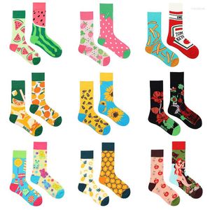 Damensocken, originelle asymmetrische kreative Obstliebhaber, Wassermelone, Ananas, Süßigkeiten, Kaffee, Erdbeere, mittlerer Schlauch, linke und rechte Füße