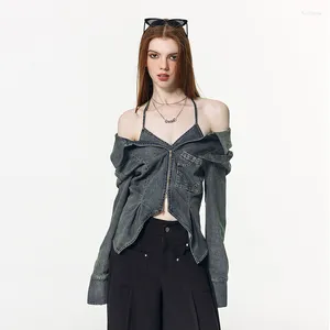 Women's Blouses Spring Folded Wear High Waist Off-shoulder Slit Slim Zipper Denim Shirt