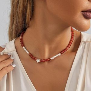 Choker Kreative Rote Perle Stern Halskette Für Frauen Mode Trend Damen Handgemachte Schlüsselbein Kette 2023 Schmuck