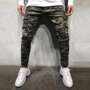 Jeans masculinos homens camuflagem padrão multi bolso design motociclista homens casual estiramento pequeno pé lápis calças plus size