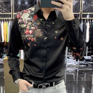 Mäns casual skjortor 2023 Spring Butterfly Floral Print Dress Shirt Mens Casual Shirts Streetwear Italy Social Hot Drill Men Clothing Slim Shirt T230907