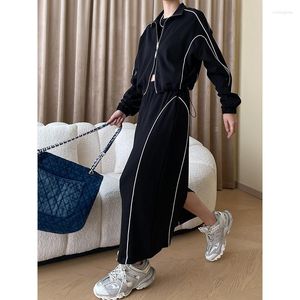 Work Dresses Striped Trim Autumn Casual Sweatshirt Split Midi Skirt Two Piece Set Black Women Outfit