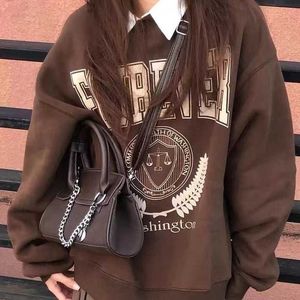 DeepTown Y2K Vintage Brown Bluz Blushirts Women Streetwear Egirl Esthetic Letter Oversize Hoodie