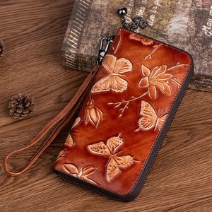 Wallets 2023 Genuine Leather Women Wallet Vintage Embossed Long Purse For Hand Painted Butterfly ID Card Holder