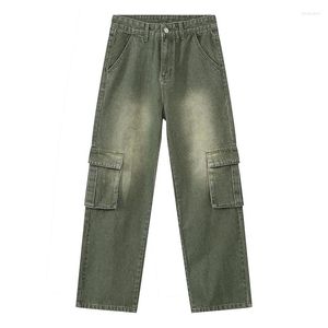 Calças de brim masculinas 2023 carga verde angustiado vintage denim calças masculinas calças de perna larga homens retro oversize casual hip hop streetwear