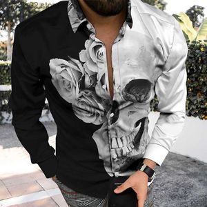Mäns avslappnade skjortor Autumn Winter Men's Long Shirt Single Breasted Lapel 3D Senaste Daily Casual Horrify Skull Flag Theme Man Topps Button Cardigan T230907