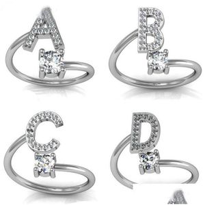 Band Rings Fashion 26 Letters Sier Ring For Women Rhinestone Open A-Z Initial Letter Finger Female Engagement Jewelry Party Gift Drop Dh4M7