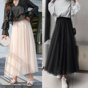 Skirts 3 layers Midi Summer Tulle Skirt Women Ladies Casual White Black High Waist Pleated Sun School Long Skirt Female 230907