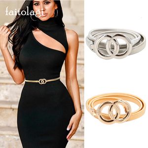 Ремни FAITOLAGI с двойными кольцами, поясной ремень с цепочкой для женщин, эластичный эластичный пояс серебристого и золотого цвета, металлический тонкий женский платье, пояс 230907