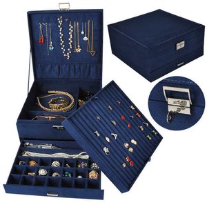 Grande capacidade de veludo jóias organizador caixa 3 camada anel brinco colar óculos caso armazenamento com bloqueio feminino meninas presente 230814