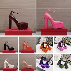 Luxury genuine leather high heels designer formal shoes thick heels patent leather waterproof platform one line buckle Hentian high heels