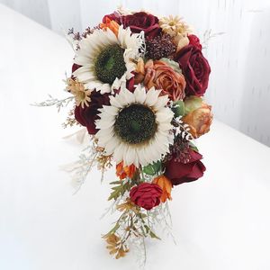 Dekorative Blumen, große Vintage-Sonnenblumen-Hochzeitssträuße für die Braut, künstlicher Rosenstrauß, orange, rustikales Dekor
