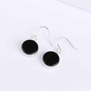 Dangle Earrings Simple Dashion Silver Natural Black Agate Inlaid Round 925 Sterling Wild For Women