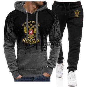 Men's Tracksuits 2023 New Spring Autumn Men's Russia Badge Gold Eagle Printed Harajuku Gradient Color Hooded Pullover And Sweatpant Cotton Set x0907