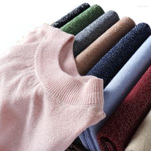 Damenpullover, glänzender Lurex-Pullover, Damen-Langarmpullover, Herbst-Winter-Pullover, koreanischer Stil, Strickoberteile, volle Femme