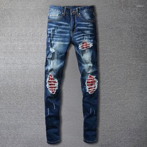 Erkekler Kot Sonbahar Retro Kontrast Renk Dikişi Yırtık Delik Tasarım Esnek Jean Hip Hop Stil Pantolon Erkekler Pantalon Vaquero Hombre