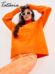Suéter feminino doce cor gola alta outono solto laranja oversize suéter de malha com mangas pulôveres para mulheres jumpers 230906