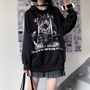 Deeptown Gothic Emo Anime Print Weiße Hoodies Frauen Harajuku Streetwear Oversize Langarm Pullover Weibliche Schwarze Sweatshirt