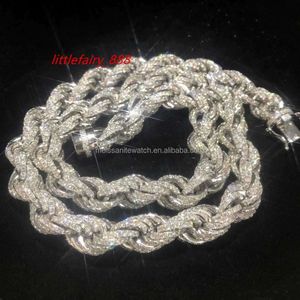 Collar de cadena de cuerda de plata de 12mm con diamantes de moissanita, de Plata de Ley 925 personalizado de Hip Hop, collar para hombre