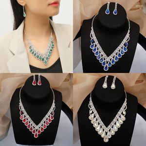 Chaînes 2023 Royal Couleur Cristal Bijoux De Mariée Ensemble Strass Déclaration Collier Collier Boucles D'oreilles Pour Femmes Cadeau De Mariage