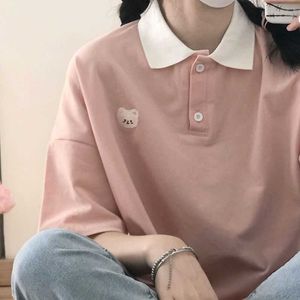 Deeptown Kawaii Bär Rosa T-shirts Frauen Japanischen Stil Nette Süße Polo Kragen Blau T Shirts Weibliche Adrette Mode Weiche mädchen Tops