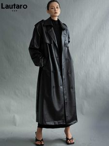 Women's Trench Coats Lautaro Autumn Extra Long Oversized Black Faux Leather Trench Coat for Women Long Sleeve Belt Double Breasted Loose Fashion 2021 x0907