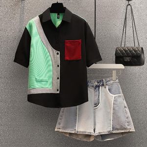 Mulheres Tracksuits Roupas de Verão Simples Camisa de Moda com Denim Curto Conjunto de Duas Peças Mulheres Contraste Top Personalidade Slim Jean Shorts