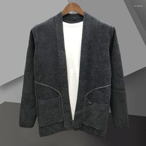 Мужские свитера 2023, однотонная куртка-кардиган, мужская вязаная повседневная свободная куртка с линией сращивания, корейский хаки, черный, серый цвет, большой размер